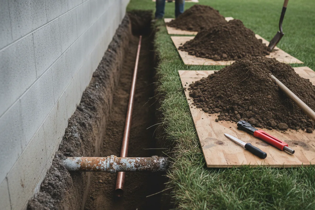 Excavated water line trench during Water Heater Repair in Waggoner